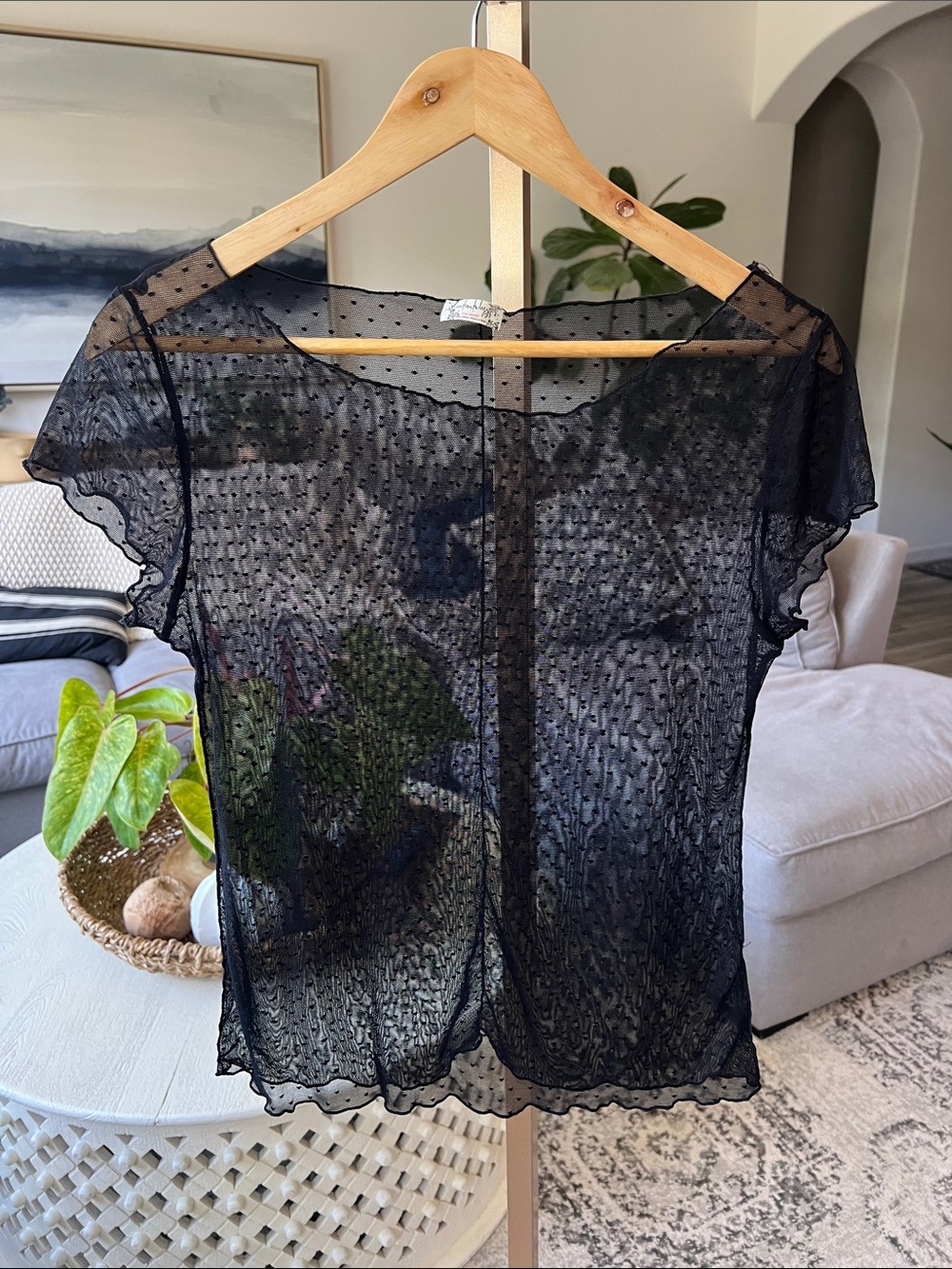 Free People Sheer Black Swiss Dot Short Sleeve Camisole